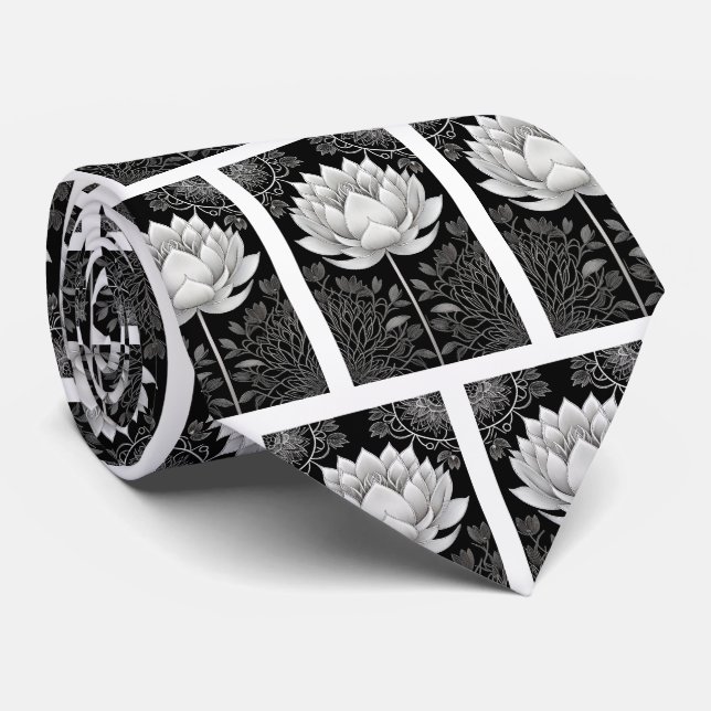 Black and White Lotus Pattern Neck Tie (Rolled)