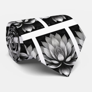 Black and White Lotus Pattern Neck Tie
