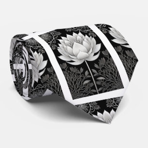 Black and White Lotus Pattern Neck Tie