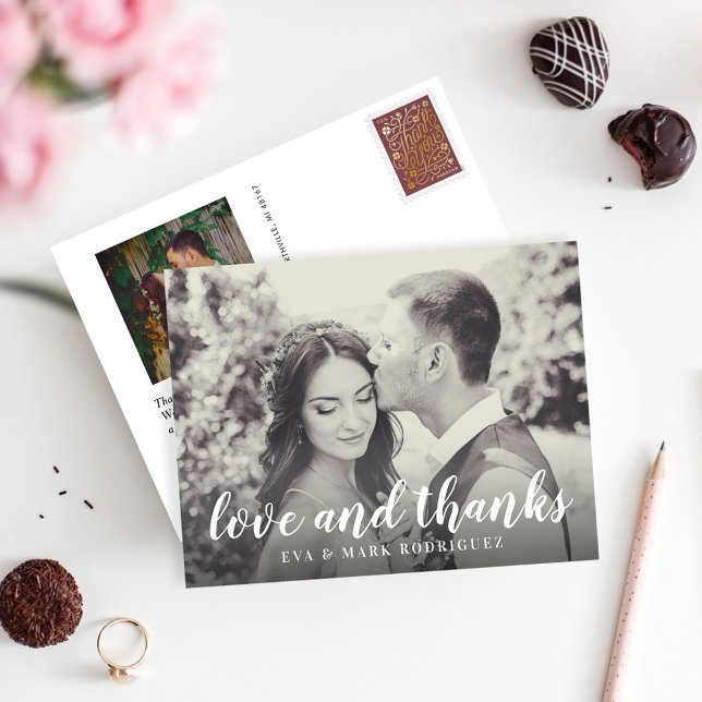 Black and White Love and Thanks Wedding Photo Postcard (Creator Uploaded)