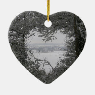 Black and White Love Snow Heart Photo Christmas Ho Ceramic Ornament