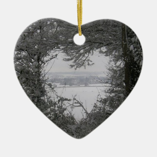 Black and White Love Snow Heart Photo Christmas Ho Ceramic Ornament (Front)