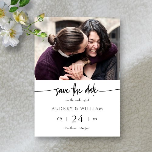 Black and White Love Story Modern Wedding Photo Save The Date