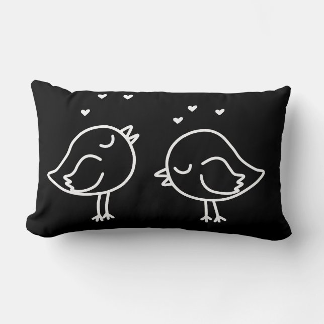 Black and White Lovebirds & Hearts Doodles Pillow (Front)