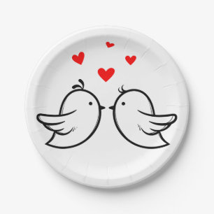 Black And White Lovebirds Red Hearts Wedding Party Paper Plates