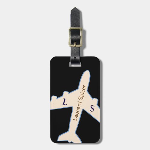 black and white luggage tag personalized with name