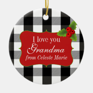 Black and White Lumberjack Plaid Holly Berries Ceramic Ornament