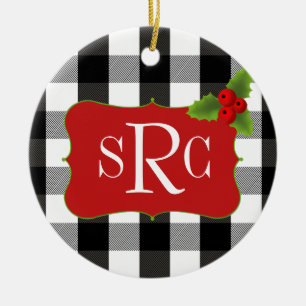 Black and White Lumberjack Plaid Holly Monogram Ceramic Ornament