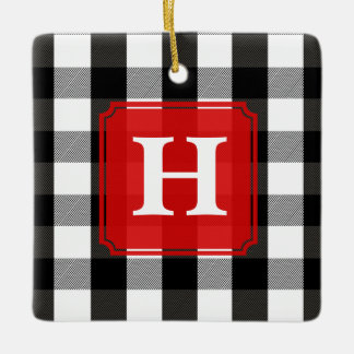 Black and White Lumberjack Plaid Monogram Ceramic Ornament