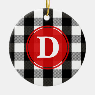 Black and White Lumberjack Plaid Monogram Ceramic Ornament