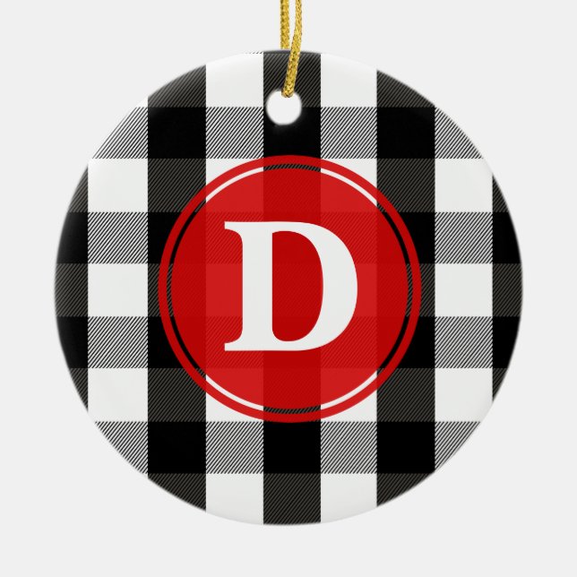Black and White Lumberjack Plaid Monogram Ceramic Ornament (Front)
