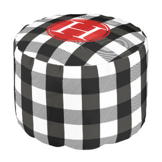 Black and White Lumberjack Plaid Monogram Pouf