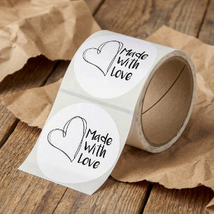 Black and white made with love, heart packaging classic round sticker