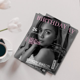 Black and white magazine cover photo 26th birthday invitation
