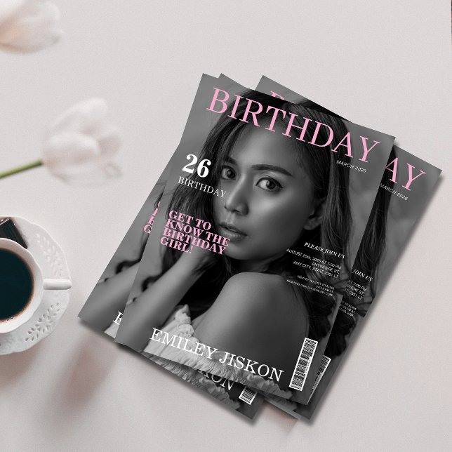 Black and white magazine cover photo 26th birthday invitation (Creator Uploaded)