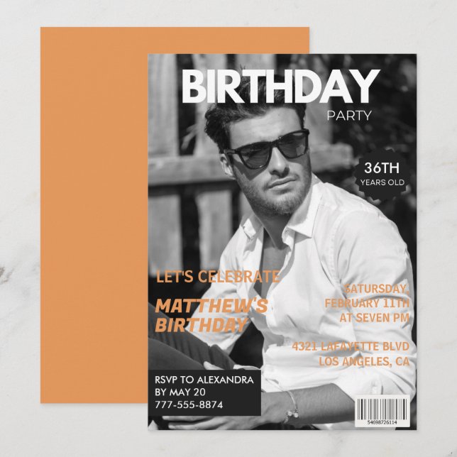 Black and white Magazine Editorial 36th birthday Invitation (Front/Back)