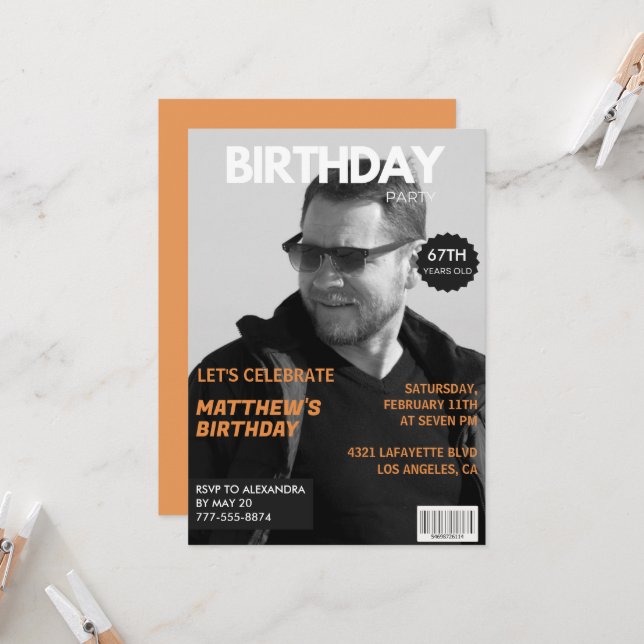 Black and white Magazine Editorial 67th birthday Invitation (Front/Back In Situ)