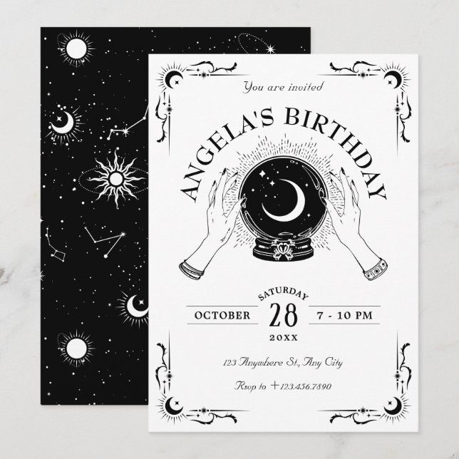 Black and white magic moon crystal ball birthday  invitation (Front/Back)