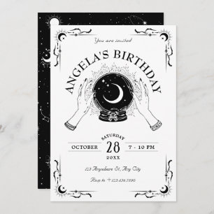 Black and white magic moon crystal ball birthday invitation