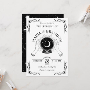 Black and white magic moon crystal ball wedding invitation
