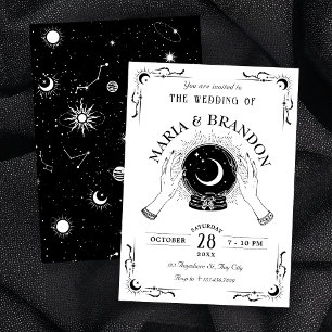 Black and white magic moon crystal ball wedding invitation