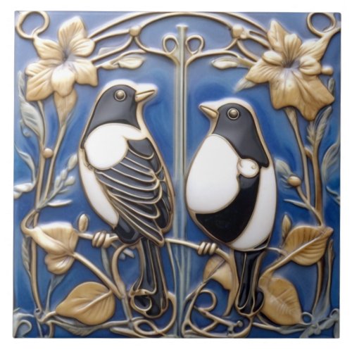 Black and white Magpie Art Nouveau Art Deco Birds Ceramic Tile