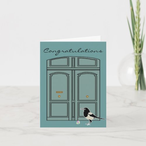 Black and white Magpie by turquoise french doors Card