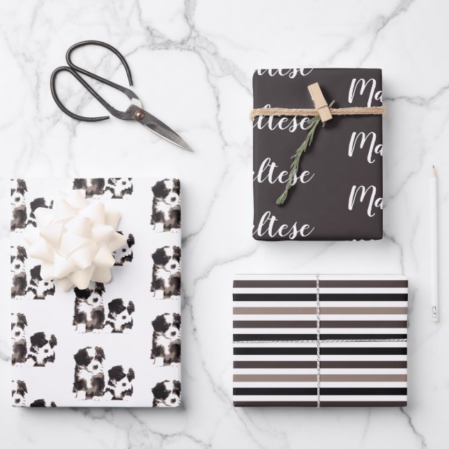Black and White Maltese Puppy Dog Wrapping Paper Sheets (Front)