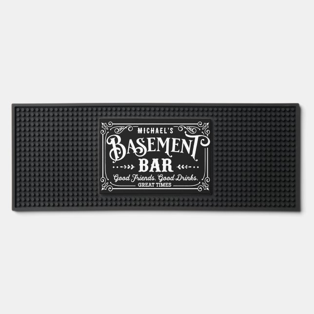 Black and White Man Cave | Basement Bar Bar Mat (Front)