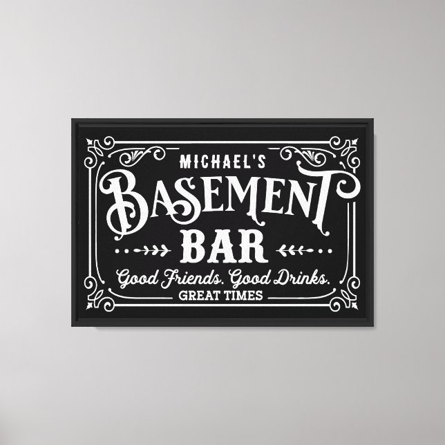 Black and White Man Cave | Basement Bar Canvas Print (Front)