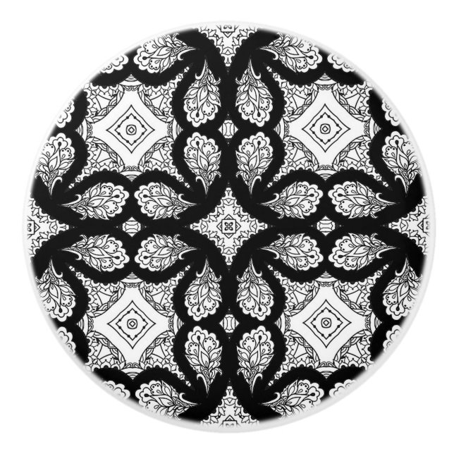 Black and white  Mandala Decorative Ceramic Knob (Front)