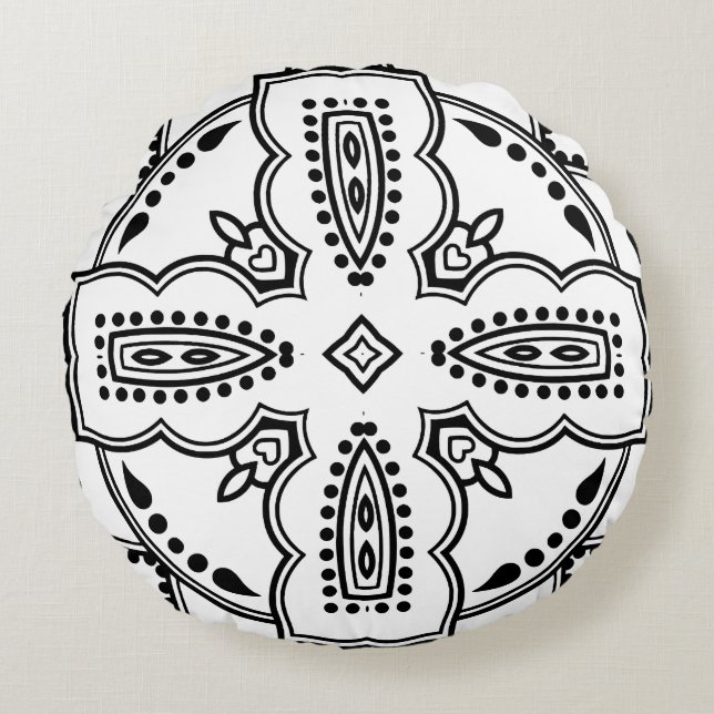 Black and White Mandala Frame Pattern  Round Pillow (Front)