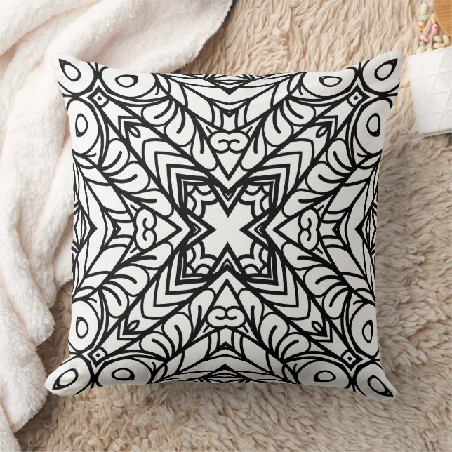 Black and White Mandala Frame Pattern  Throw Pillow (Blanket)