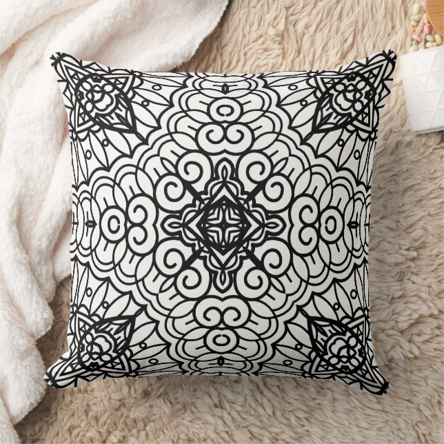 Black and White Mandala Frame Pattern  Throw Pillow (Blanket)