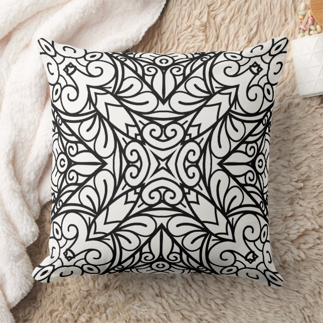 Black and White Mandala Frame Pattern  Throw Pillow (Blanket)