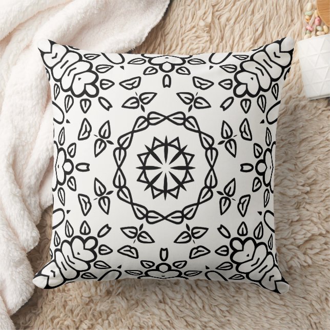 Black and White Mandala Frame Pattern  Throw Pillow (Blanket)