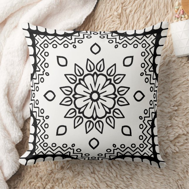 Black and White Mandala Frame Pattern  Throw Pillow (Blanket)