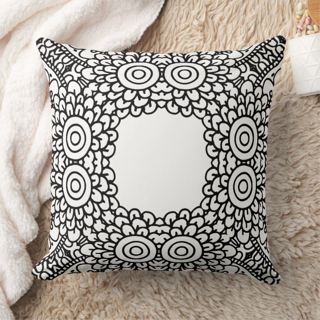 Black and White Mandala Frame Pattern  Throw Pillow (Blanket)