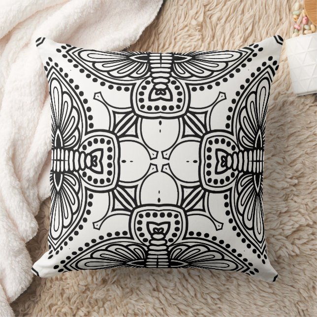 Black and White Mandala Frame Pattern  Throw Pillow (Blanket)