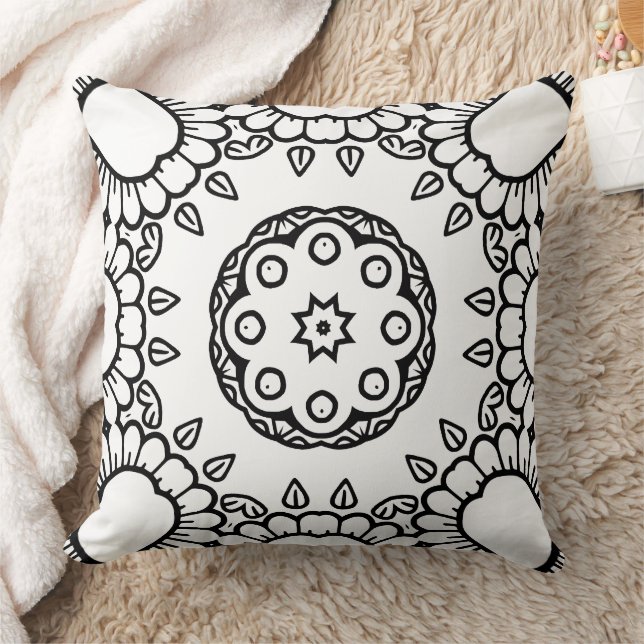 Black and White Mandala Frame Pattern  Throw Pillow (Blanket)