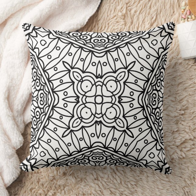 Black and White Mandala Frame Pattern  Throw Pillow (Blanket)