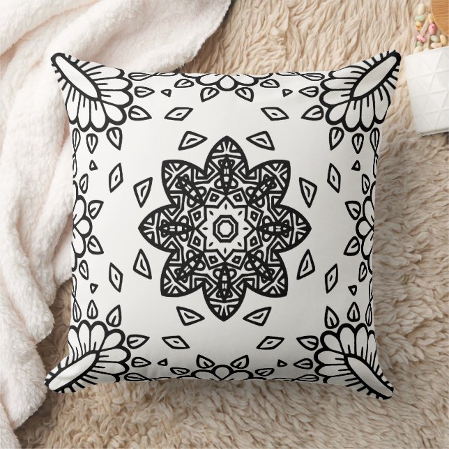 Black and White Mandala Frame Pattern  Throw Pillow (Blanket)