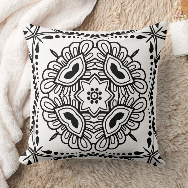 Black and White Mandala Frame Pattern  Throw Pillow (Blanket)