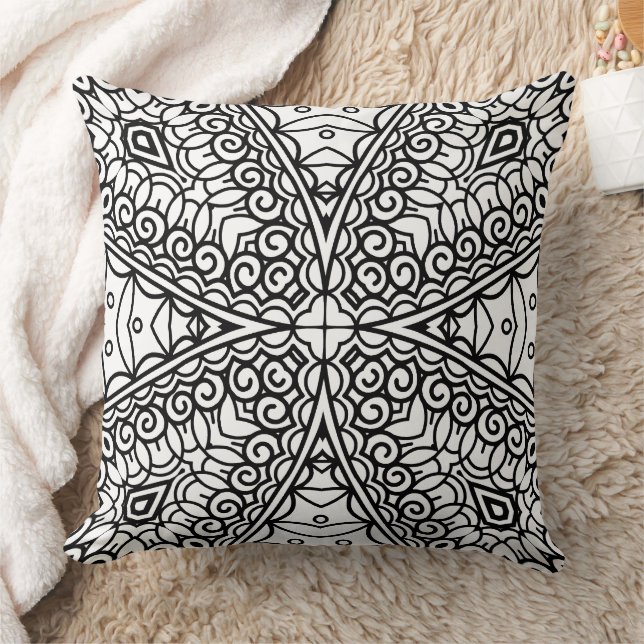 Black and White Mandala Frame Pattern  Throw Pillow (Blanket)
