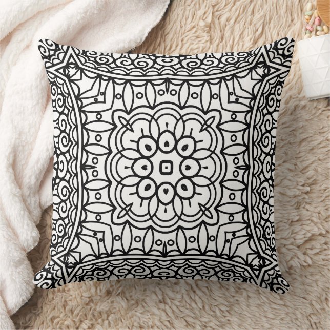 Black and White Mandala Frame Pattern  Throw Pillow (Blanket)