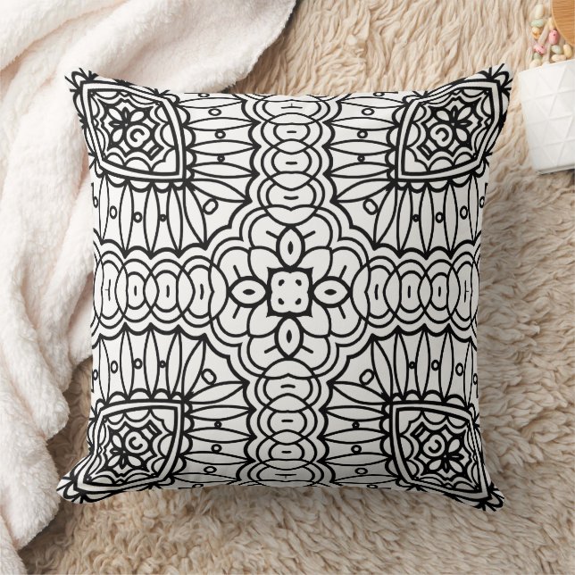 Black and White Mandala Frame Pattern  Throw Pillow (Blanket)