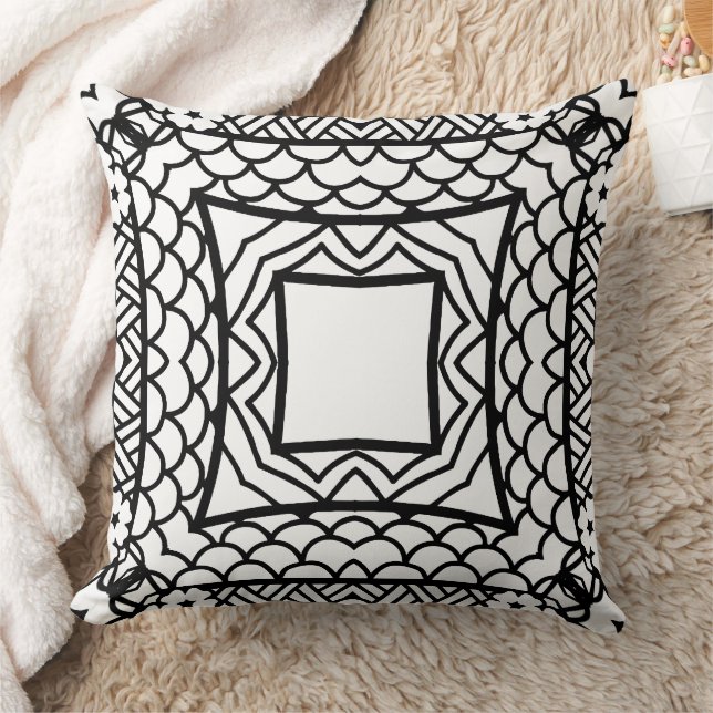Black and White Mandala Frame Pattern  Throw Pillow (Blanket)
