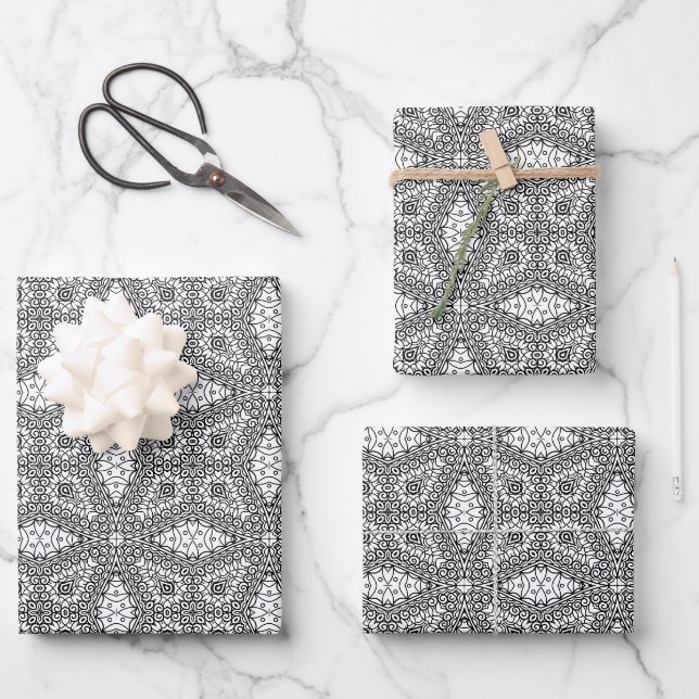 Black and White Mandala Frame Pattern  Wrapping Paper Sheets (Front)