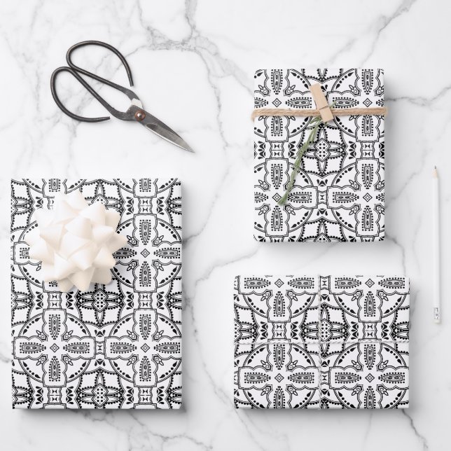 Black and White Mandala Frame Pattern  Wrapping Paper Sheets (Front)