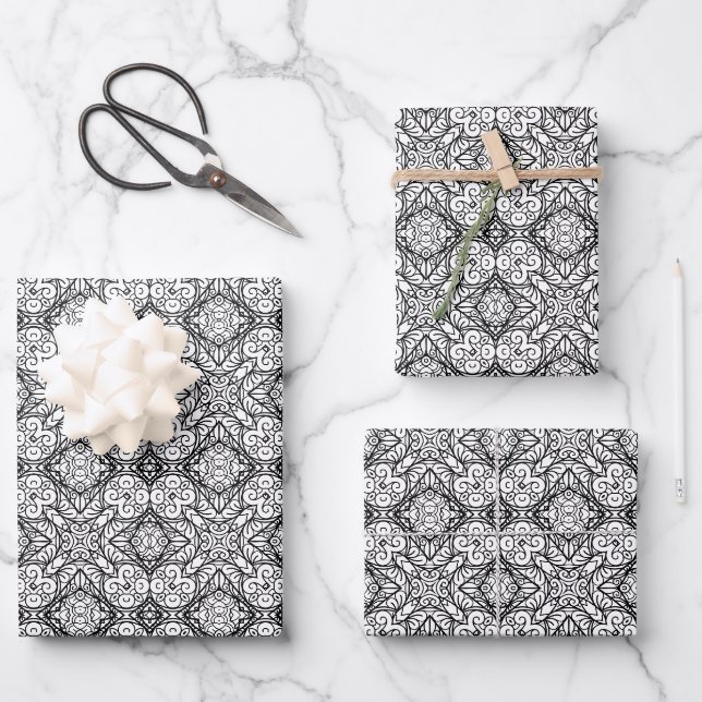Black and White Mandala Frame Pattern  Wrapping Paper Sheets (Front)